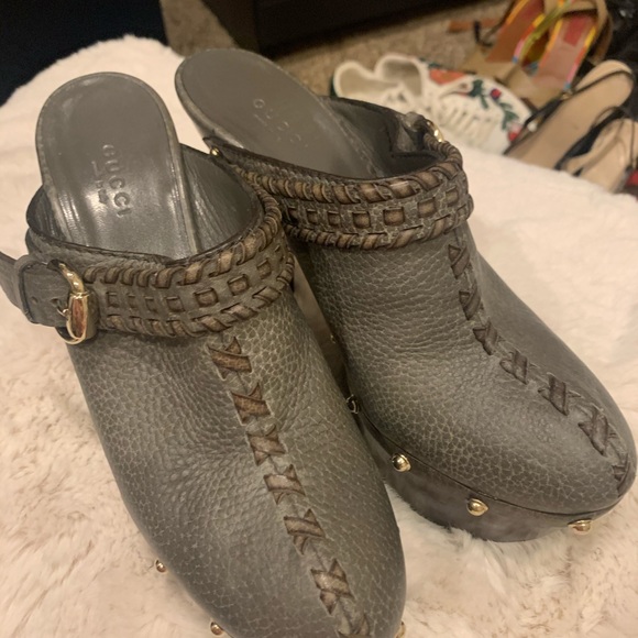 Gucci Grey Leather Studded Platform High Heel Clog - Picture 3 of 7